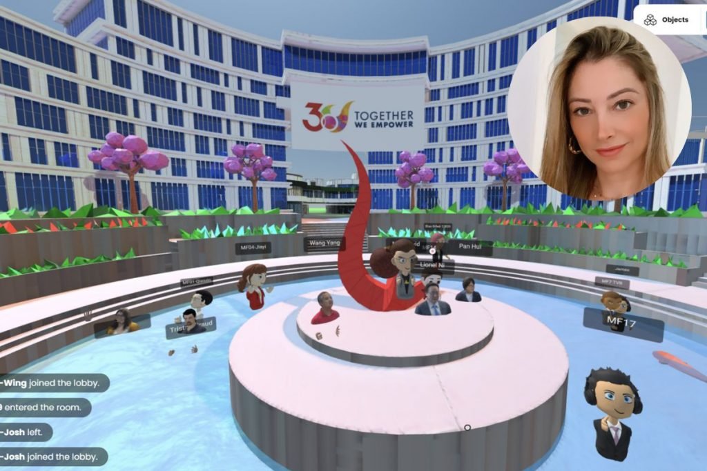 Foto colorida. Montagem com sala do metaverso e avatares. Ao lado, rosto de mulher