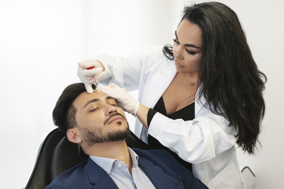 Woman doing facial procedure on man