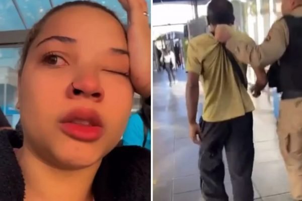 montagem com fotos coloridas. ao lado direito, vítima de importunação sexual chora após o ocorrido, ao lado esquerdo o autor do crime é preso por policiais