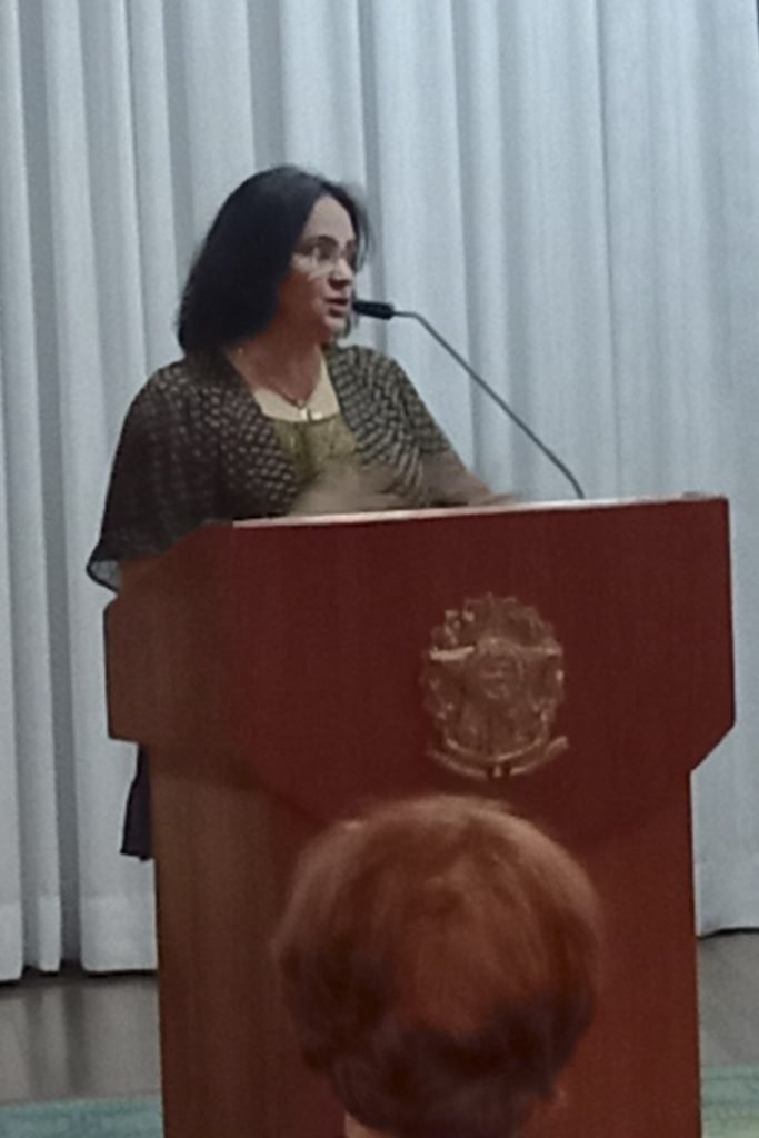 candidata Damares Alves durante evento no Palácio do Alvorada