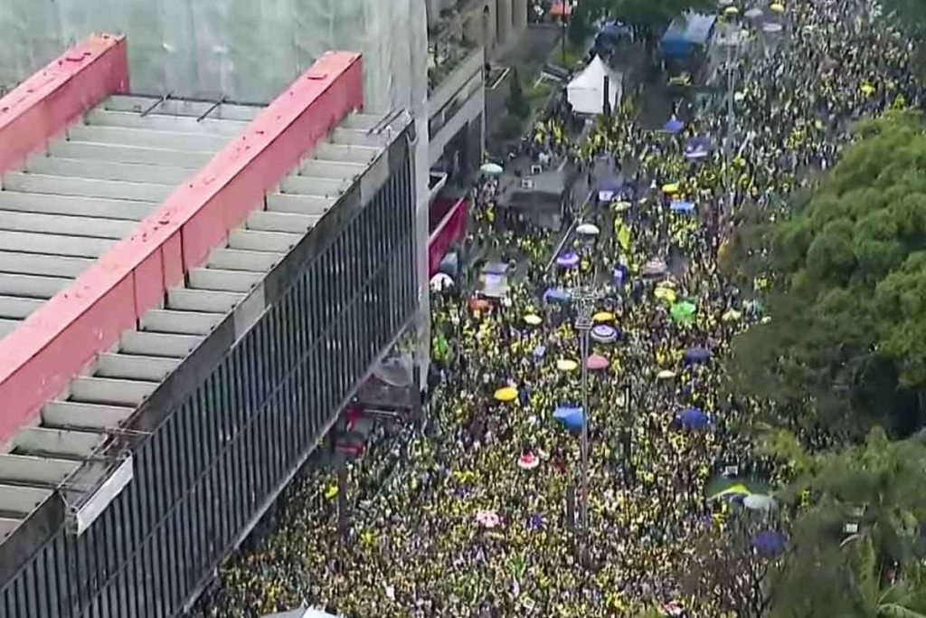 imagem aérea na avenida paulista lotada de pessoas no 7 de setembro