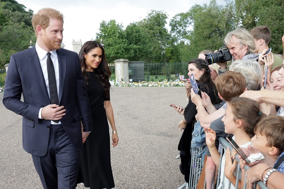 The Prince and Princess of Wales Accompanied By The Duke And Duchess Of Sussex Greet Wellwishers Outside Windsor Castle