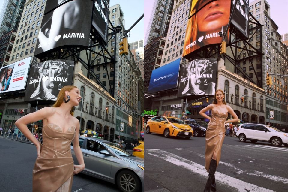 Montagem colorida com duas imagens de Marina Ruy Barbosa em frente ao telão da Times Square