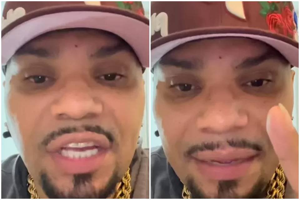 Fotos do rosto de Naldo Benny. Ele é um homem de pele negra, está de boné vinho, tem olhos pretos, barba e cavanhaque pretos e está falando - Metrópoles
