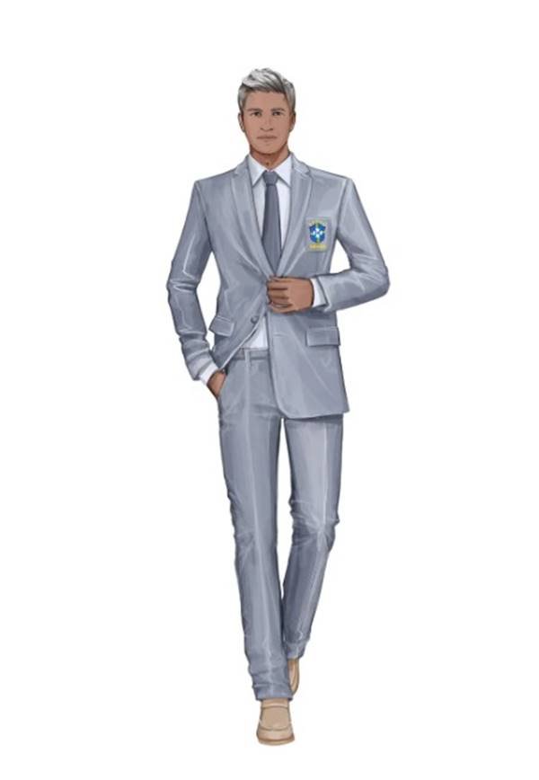 Desenho de terno cinza. Esboço de look criado por Ricardo Almeida para a Seleção Brasileira, na Copa do Catar