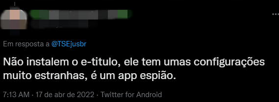 Usuários do Twitter afirmam que app do E-titulo, criado pela justiça eleitoral, é app espião. Afirmação foi desmentida - Metrópoles