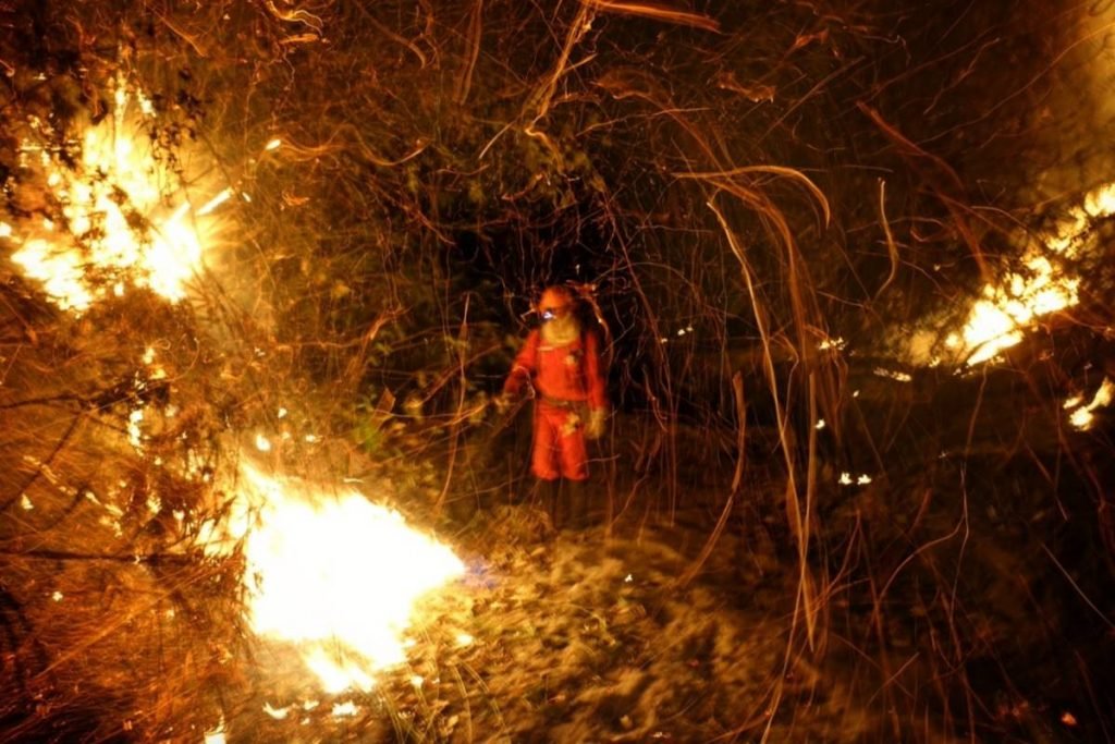 Brigadista em ação durante queimada na região de Cavalcante (GO), Chapada dos Veadeiros