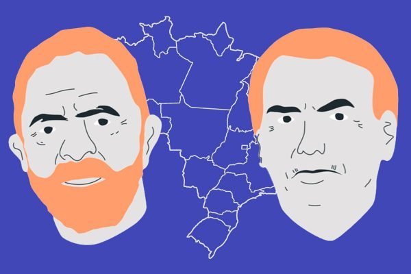 Ilustrações estilizadas dos candidatos à presidência Lula (PT) e Bolsonaro (PL) com o mapa do Brasil desenhado atrás sob fundo azul - Metrópoles