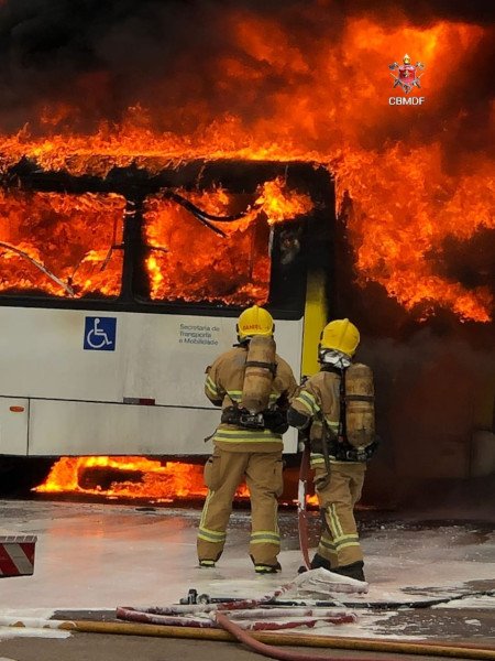 bombeiros em frente a chamas