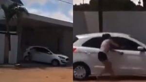 foto colorida de carro branco e mulher