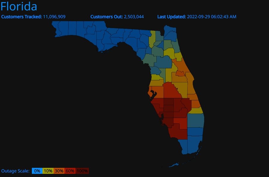 Mapa da falta de energia na Flórida no início da manhã de quinta (29/9)