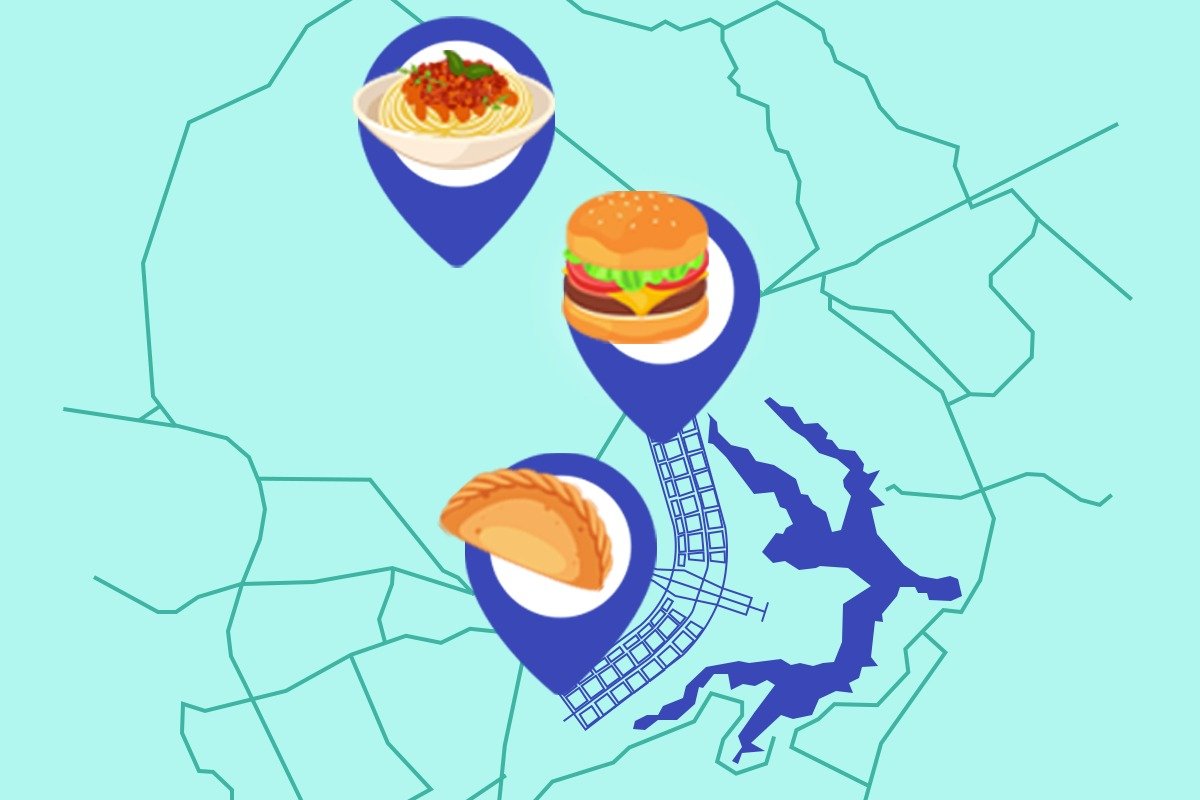 Ilustração do mapa de Brasília contendo o desenho de um hambúrguer, empanada e macarrão em alguns pontos