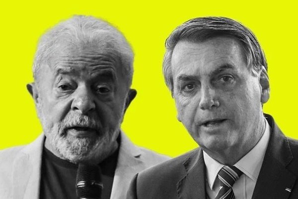 Lula e Bolsonaro em preto e branco e fundo amarelo