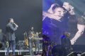 A montagem com dois frames coloridos do show de Gusttavo Lima. De um lado, o cantor fala com backing vocals e do outro uma imagem do telão do palco, com uma foto de Marília e GL se abraçando