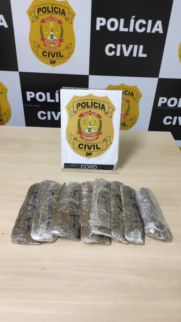 Tabletes de skunk em cima de mesa e logo da PCDF