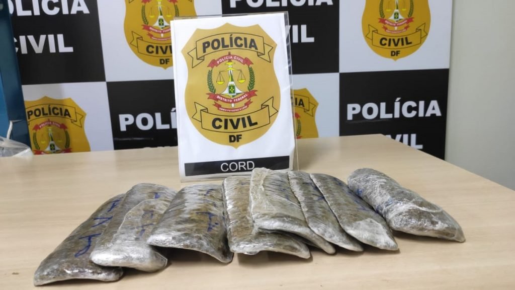 Tabletes de skunk em cima de mesa e logo da PCDF