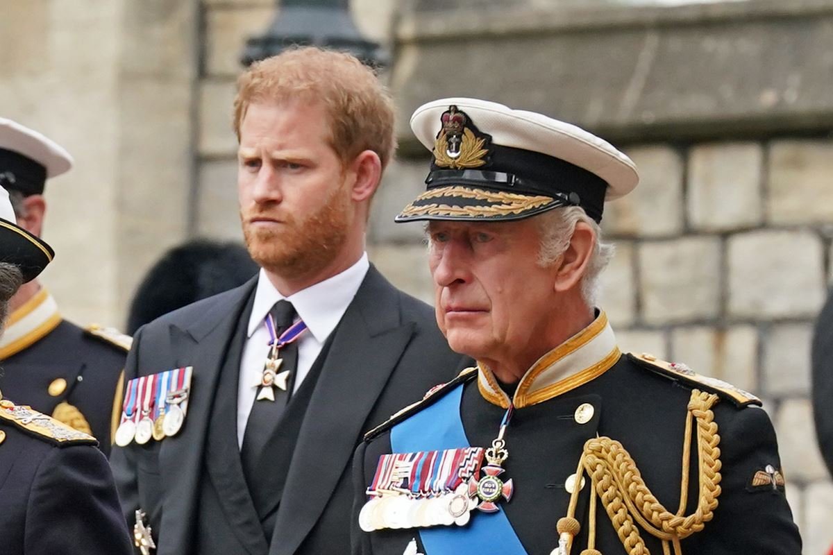 Rei Charles e príncipe Harry estão um do lado do outro no funeral de Elizabeth II. Charles está usando traja militar e Harry um terno preto