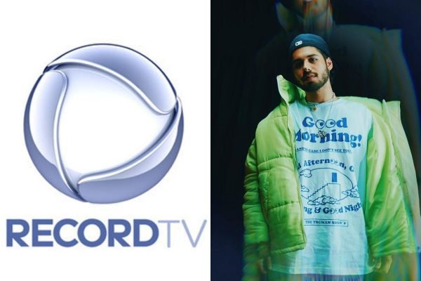 Fotos justapostas da logo da emissora RecordTV (esquerda) e do cantor Zé Felipe (direita usando boné, blusa estampada branca e casaco puff verde - Metrópoles