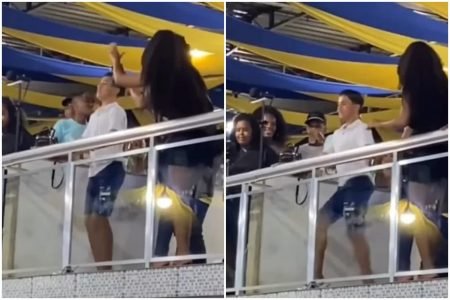 Gustavo Santos, garoto de 13 anos que viralizou sambando aparece em fotos justapostas ao lado de outras pessoas dançando em arquibancada - Metrópoles