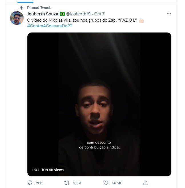 Apoiador do presidente Lula no Twitter compartilha vídeo falso de Nikolas Ferreira