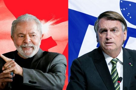 Em fotos justapostas, os candidatos à presidência Lula e Bolsonaro aparecem falando, diante de montagem com bandeira de seus respectivos partidos, o PT e o PL - Metrópoles