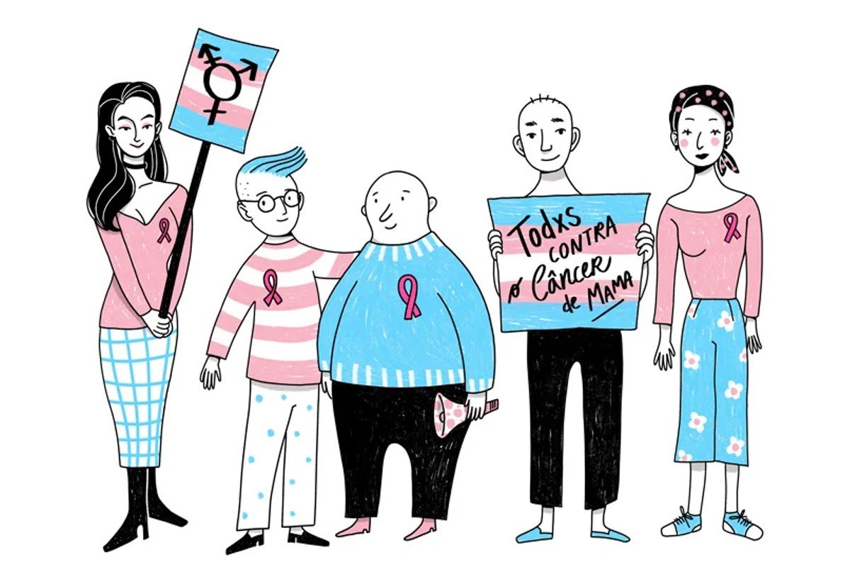 Desenho mostra cinco pessoas trans de diferentes aparências nas cores da bandeira transgênero, azul e rosa, com símbolos e cartazes pelo combate do câncer de mama - Metrópoles