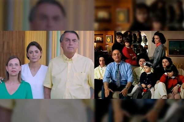 À esquerda, frame do vídeo em que Bolsonaro se desculpa ao lado de Michelle Bolsonaro. À direita, Maluf pede desculpas ao lado de todas as mulheres da família - Metrópoles