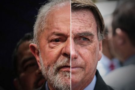 Montagem mostra fotos com rosto dos candidatos Lula e Bolsonaro divididos pela metade - Metrópoles