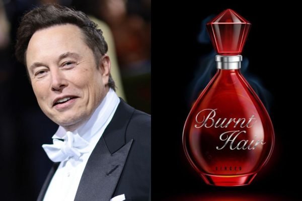 O empresário e homem mais rico do mundo, Elon Musk, com foto ao lado de seu novo perfume, "Burnt Hair" - Metrópoles