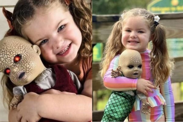 Montagem de duas fotos coloridas, que mostram uma menina de 3 anos com sua boneca assustadora