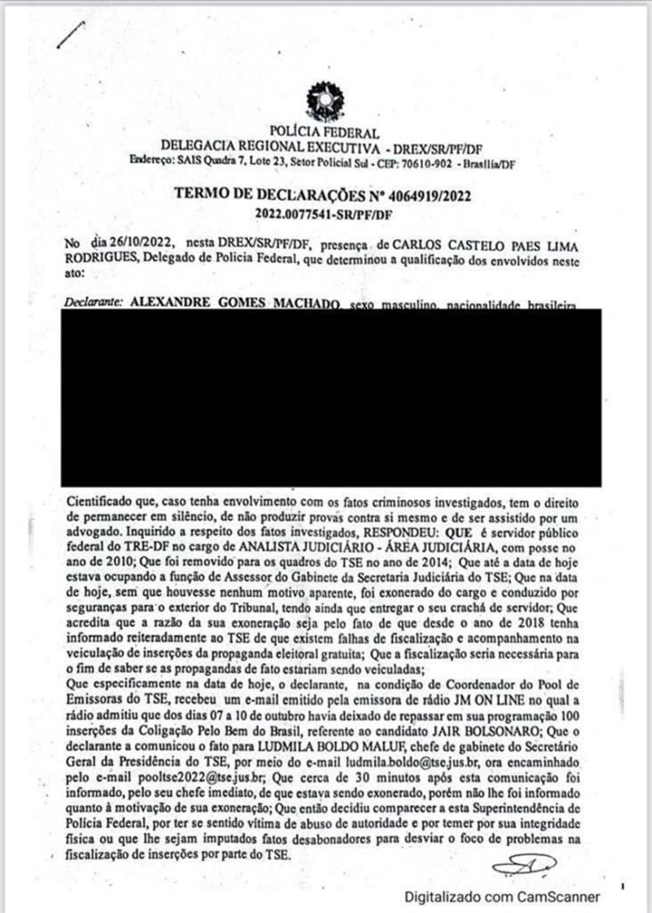 Termo de declarações colhidas no depoimento de Alexandre Machado, funcionário exonerado pelo TSE, à PF. Ele alega falhas nas inserções de propaganda eleitoral - Metrópoles