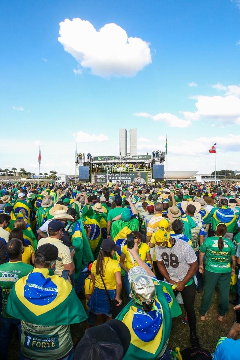 Manifestação pró-Bolsonaro na Esplanada dos Ministérios, em Brasília. Uma multidão de pessoas de diferentes idades usam roupas verde e amarela e seguram a bandeira do Brasil. É possíver ainda pessoas em um trio elétrico discursando e o Congresso Nacional no fundo.