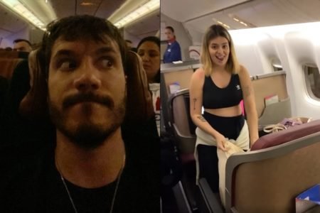 Imagem de Eliezer e Viih Tube dentro de um avião justapostas - Metrópoles