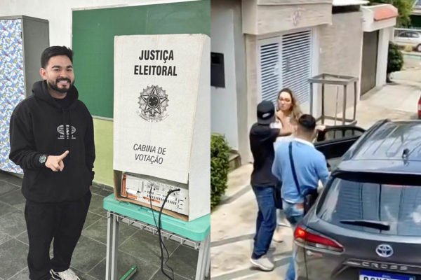 Montagem com Yudi Tamashiro em cabina de votação (direita) e tentativa de assalto ocorrida em São Paulo (esquerda) - Metrópoles