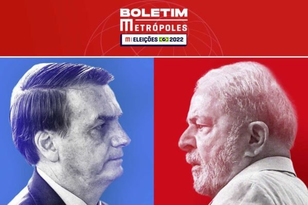 Imagem colorida de recorte dos rostos de Lula e Bolsonaro, que disputam o cargo de presidente da República nas eleições de 2022