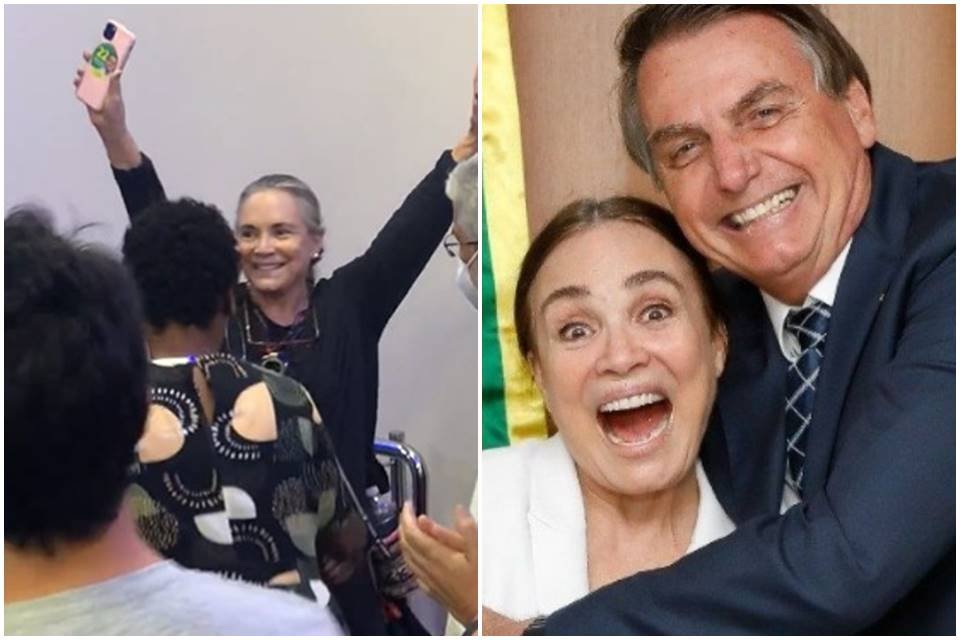 Montagem de Regina Duarte com os braços abertos (à esquerda) e Regina Duarte abraçada a Bolsonaro (à direita) - Metrópoles