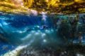 A imagem mostra o fundo do mar com água bem azul e um mergulhador - Metrópoles