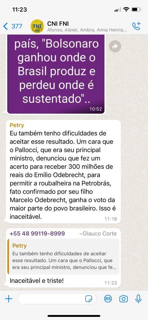 Empresários questionam vitória de Lula em grupo de WhatsApp da CNI