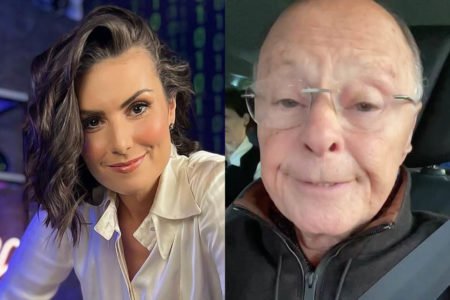 Montagem com a apresentadora e educadora financeira Nathalia Arcuri, à esquerda, e o bispo Edir Macedo, à direita - Metrópoles
