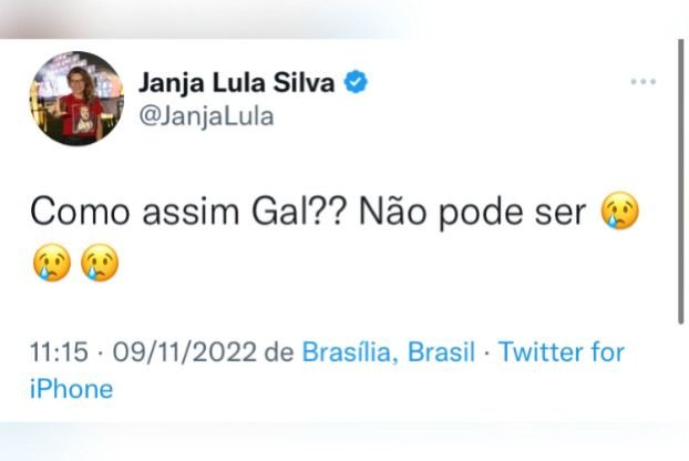 Polticos lamentam no Twitter a morte da cantora Gal Costa. Na imagem, o tweet de Janja - Metrpoles