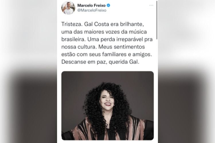 Polticos lamentam no Twitter a morte da cantora Gal Costa. Na imagem, o tweet de Marcelo Freixo - Metrpoles