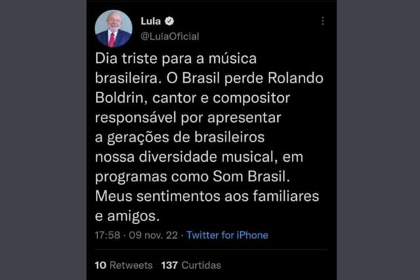 Reprodução de post de Lula no Twitter lamentando morte do artista Rolando Boldrin
