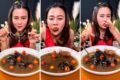 influencer tailandesa vestida de vermelho comendo sopa de morcego