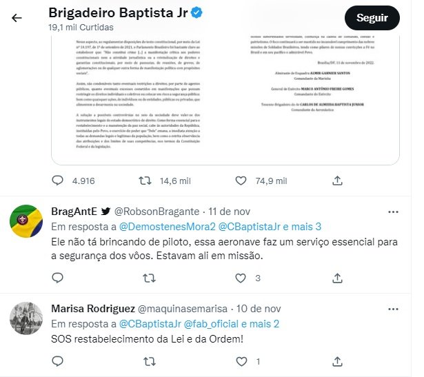 Print de teor golpista curtido pelo comandante da Aeronáutica, Carlos de Almeida Baptista Júnior