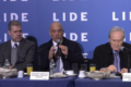 Os ministros do STF (da esquerda pra direita) Dias Toffoli, Alexandre de Moraes, que fala em microfone e Ricardo Lewandovski. Eles palestram em Nova Iorque, no evento Lide Brazil - Metrópoles