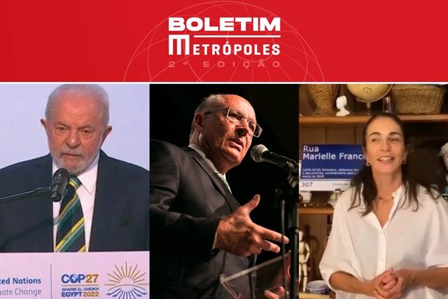 Imagem colorida com fotos de Lula, do vice-presidente eleito, Geraldo Alckmin e da ex-jogadora de vôlei Isabel, destaques do Boletim Metrópoles de 16/11/2022