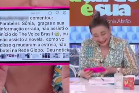 Sonia Abrão exibe em seu celular um comentário enviado por telespectadora e dá gargalhada - Metrópoles