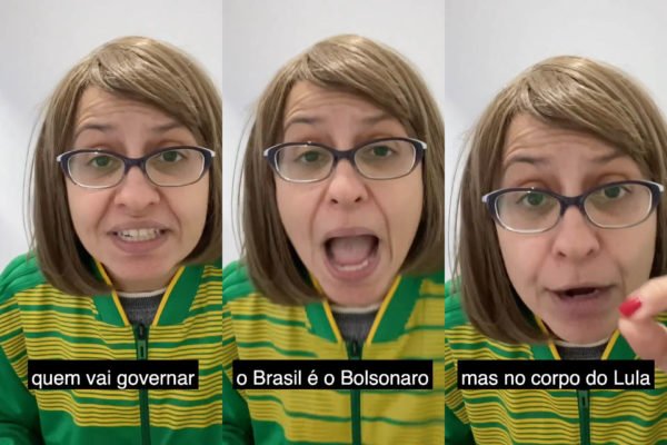 Humorista Carol Zoccoli em três frames em que brinca e cria fake news sobre Lula e Bolsonaro e confunde apoiadores do presidente derrotado. Ela aparece de verde e amarelo - Metrópoles