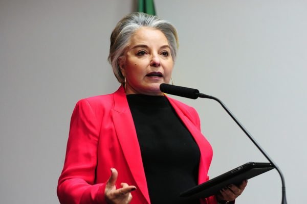 Imagem colorida mostra a ex-deputada federal Íris de Araújo (MDB-GO) discursando na Câmara dos Deputados - Metrópoles