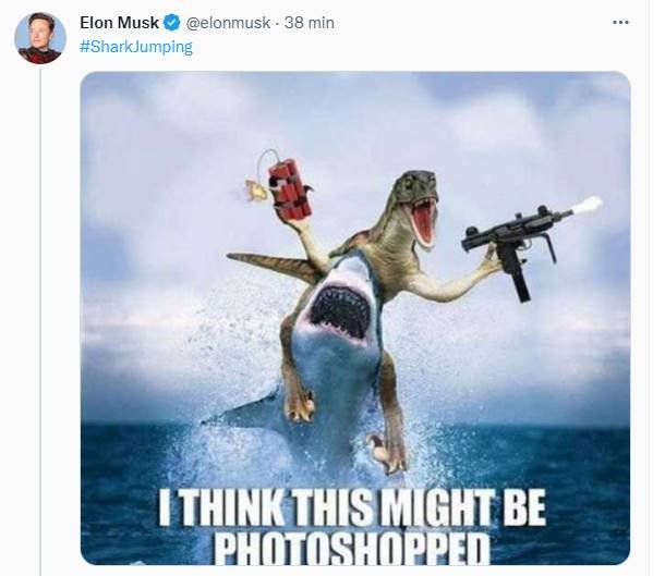 Print de Twitter com foto de dinossauro armado sobre tubarão